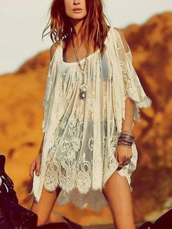 Vintage Hippie Boho Floral Lace Crochet Cover-Up