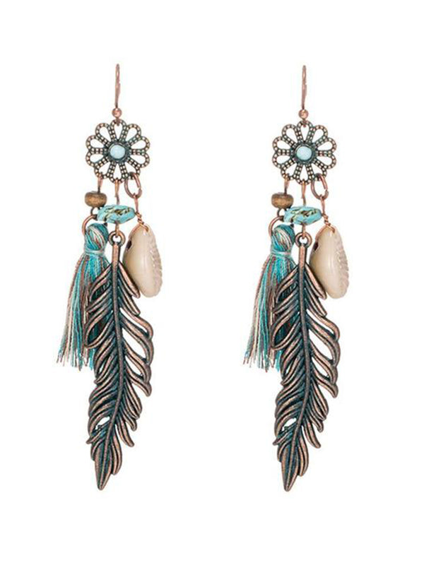 Antique Vintage Bohemian Ethnic Tassel Fringe Leaf Stones Earrings