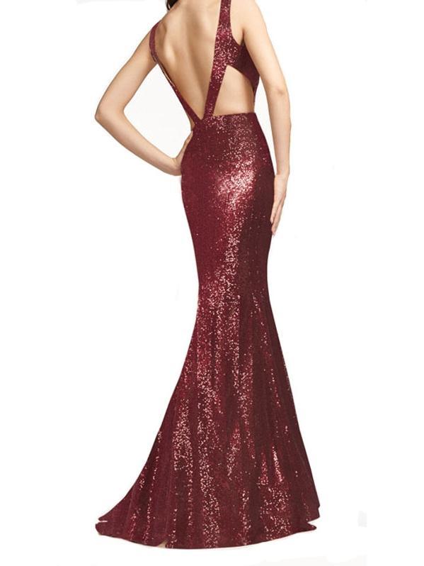 Bridesmaid V-Neck Sleeveless Sequins Evening Dress