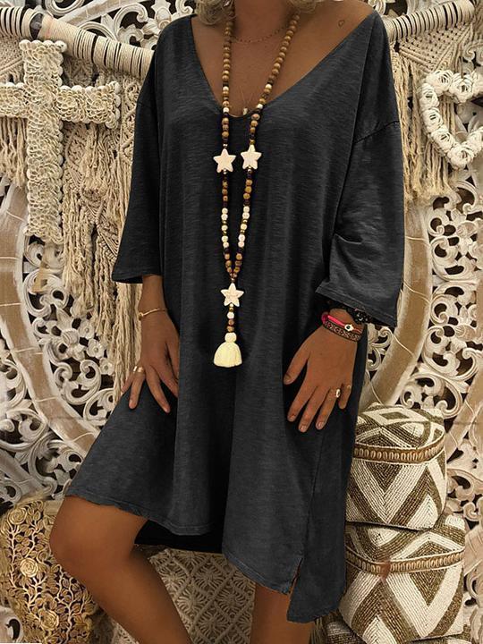 Solid Color V Neck Loose Casual Dress