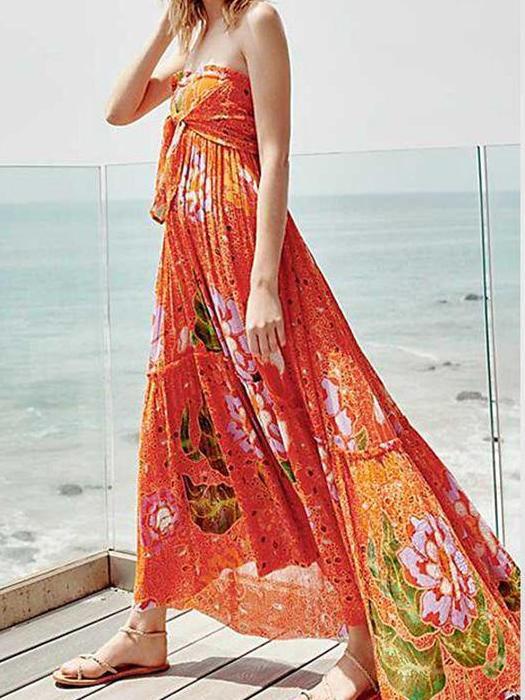 Sexy Bohemian V-Neck Print Slits Chiffon Orange Beach Dress