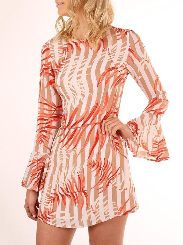 Leaves Print Flared Sleeves Bohemia Mini Dress