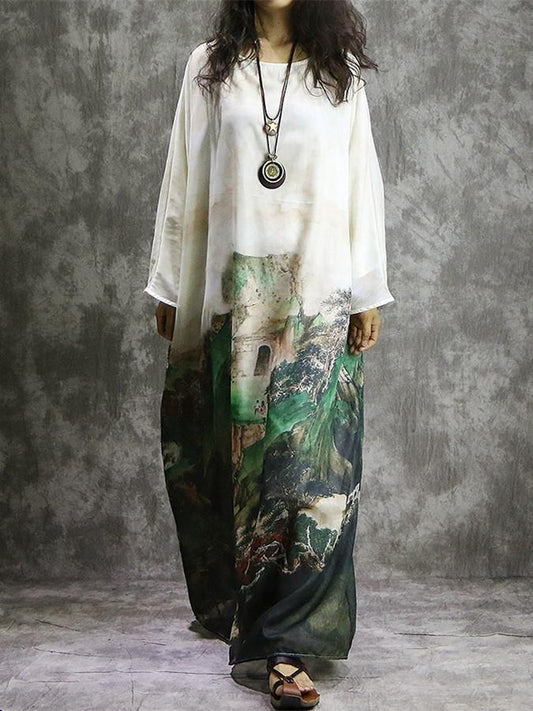 Print Plus Size Long Sleeve Loose Maxi Dress