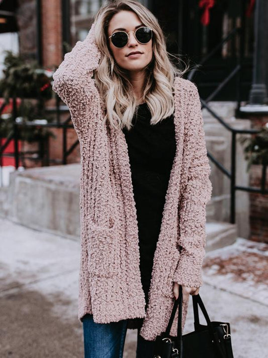 Solid Color Long Sleeve Open Front Chunky Cardigan Sweater