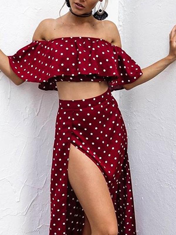 Vintage Dot Off Shoulder Red Split Dress