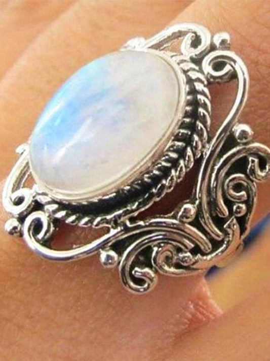 Vintage Large Oval Moonstone Boho Ethnic Antique Silver Pattern Finger Ring