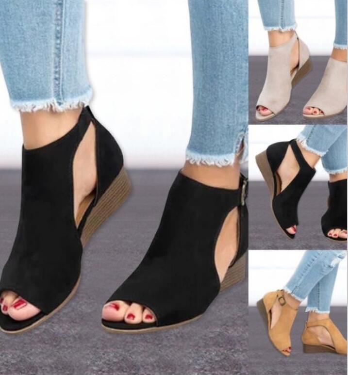 Wedge Buckles Mid Heel Peep Toe Sandal Shoes