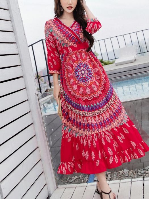 Bohemian National Style Red Dress Long Dress