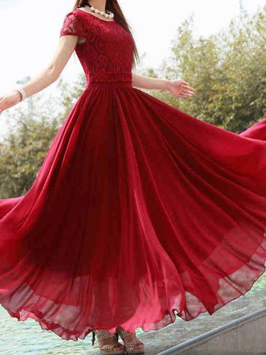 Elegant Solid Color Chiffon Short Sleeve Maxi Party Dress