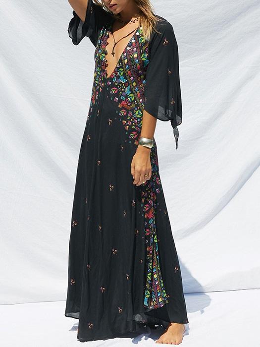 Print Deep V Neck Bohemia Beach Maxi Dress