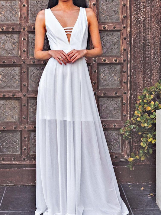 White Deep V Neck Sleeveless Chiffon Evening Maxi Dress