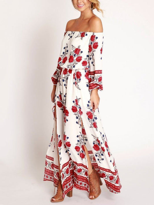 Cutaway Collar Printed Split Long Floral Off Shoulder Dress