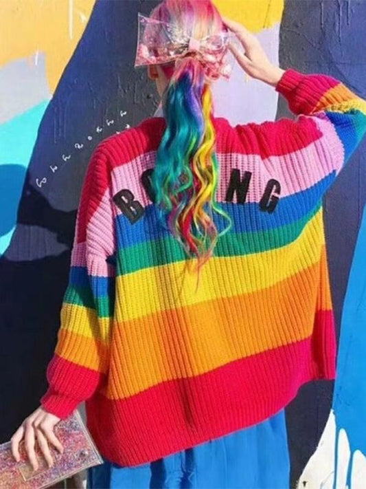 Colorful Rainbow Striped Long Sleeve Button Cardigan Sweater