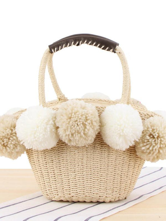 Casual Woven Big Wool Ball Beach Straw Handbag