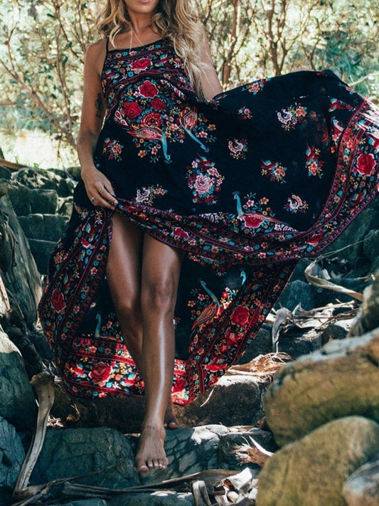 Floral Print Backless Beach Maxi Dress