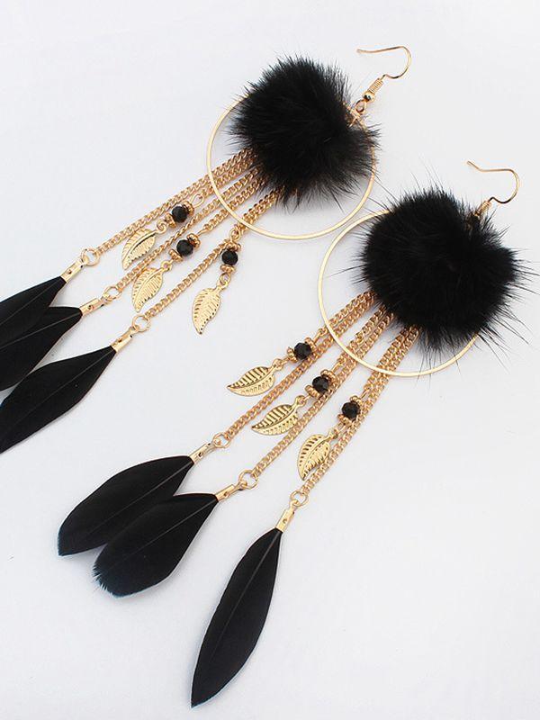 Bohemian Exaggerated Feather Shape Fringe Pierced Earrings