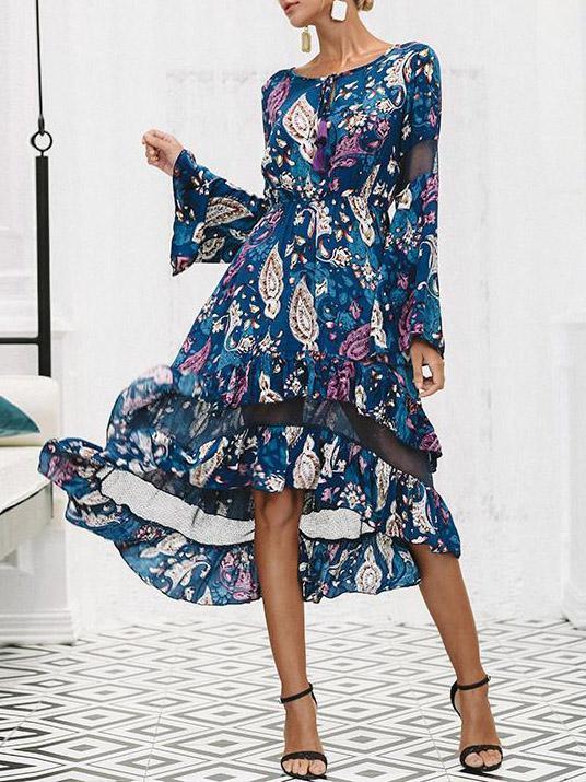 Floral Print Long Sleeve Irregular Midi Dress