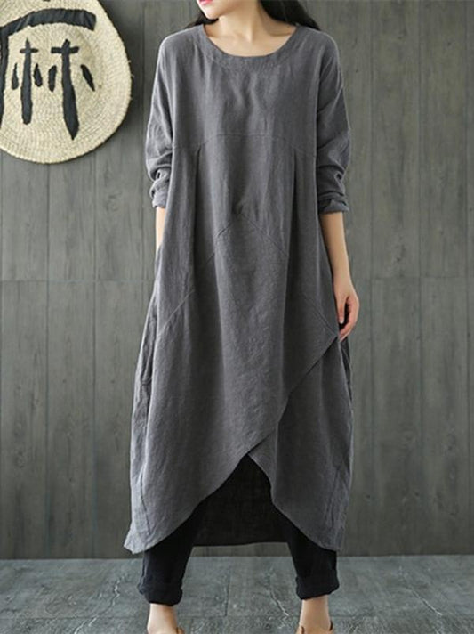 Solid Color Linen Cotton Loose Maxi Dress