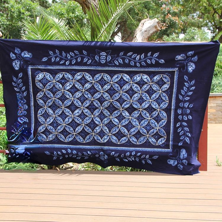 Tie Dyed TableCloth Handmade Blue Dyed Fabric Bed Sheet Ethnic Style Square Row Fish TableCloth