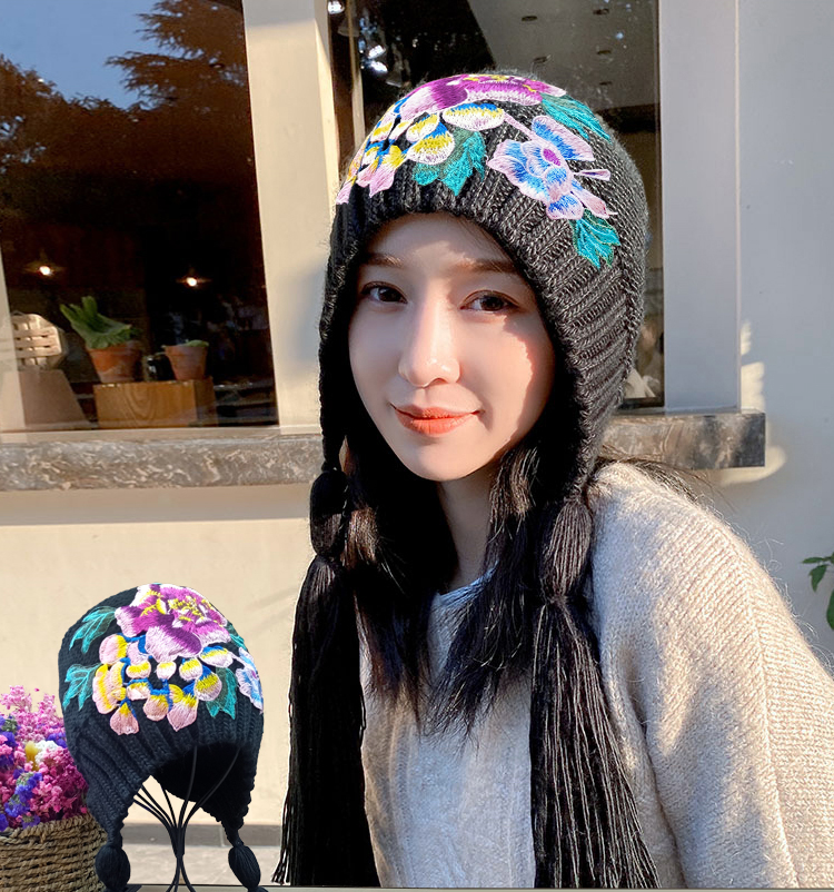 National embroidered women's fall and winter versatile thickened warm ear protection  wool hat knitting sweet and lovely