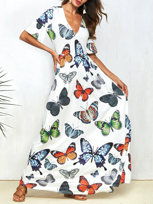 Print Butterfly Short Sleeve V-neck boho long Dress