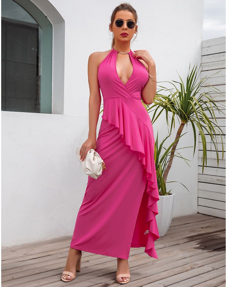 Women's temperament slit pleated suspender dress evening dress