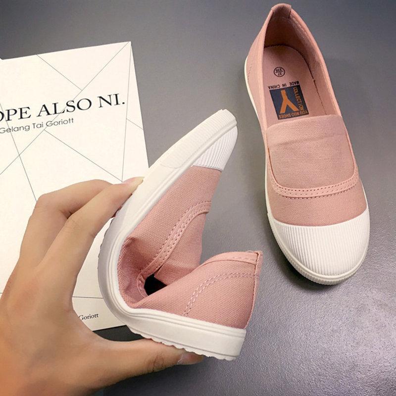 White Toe Color Blocking Canvas Slip On Casual Flat Shoes