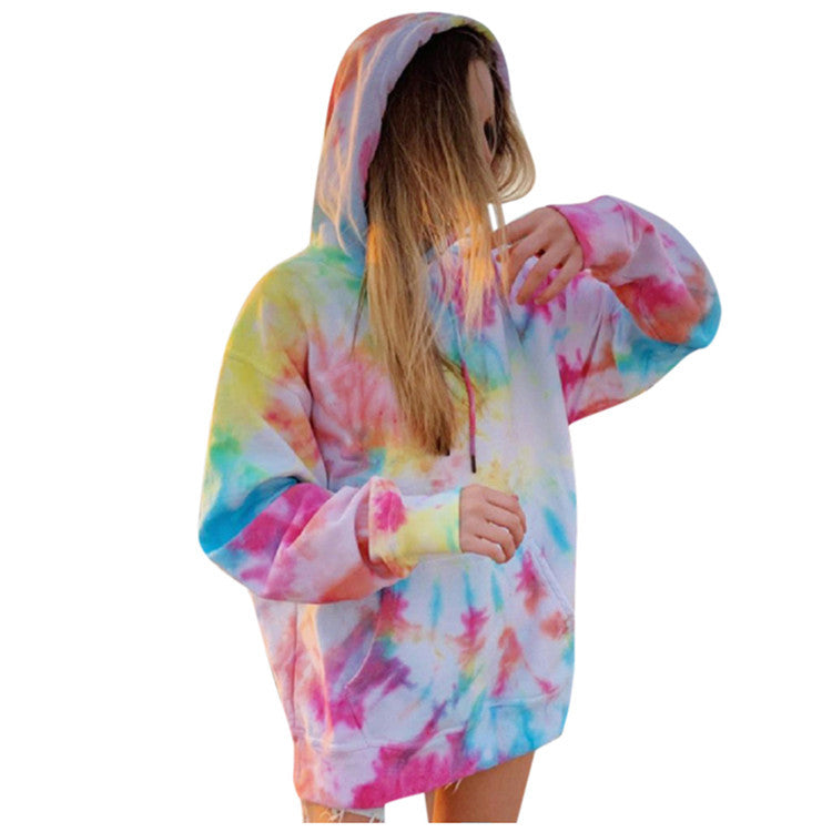 Women's New Loose Hooded Tie-dye Printed Casual Sweater Coat Jacket