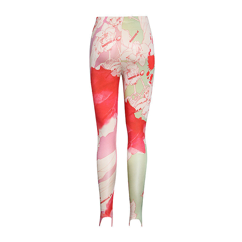 Retro Abstract Color Printing Tight Yoga Super Elastic High Waist Sports Fitness Pedal Pants Female Tide