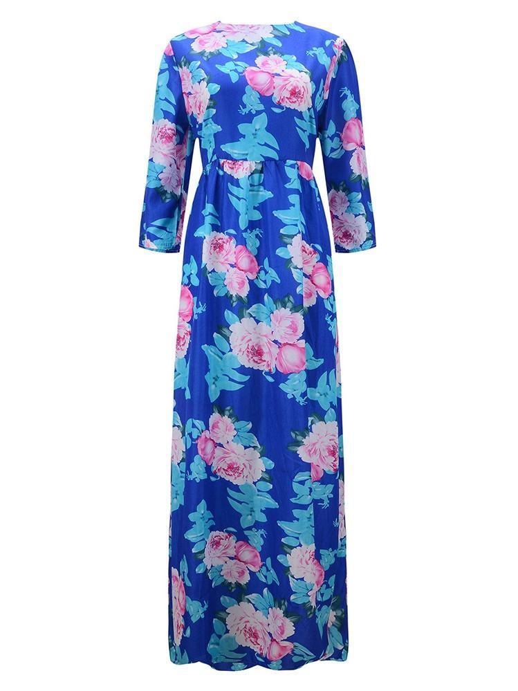 Romantic Blue Flower 3/4 Sleeve Boat Neck Maxi Dress