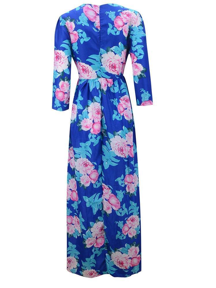 Romantic Blue Flower 3/4 Sleeve Boat Neck Maxi Dress