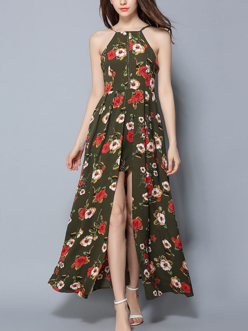 Halterneck Pleated Split-Front Floral Print Maxi Bohemian Dress