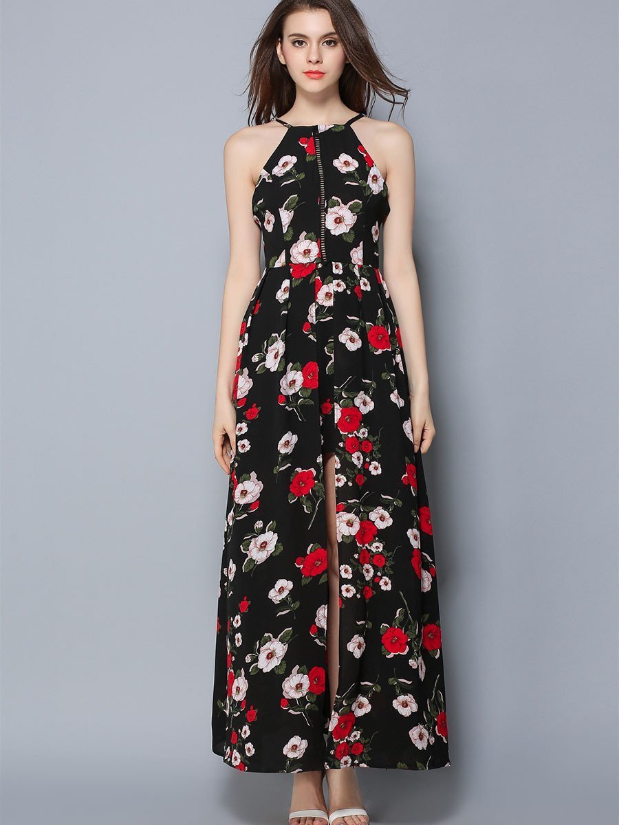 Halterneck Pleated Split-Front Floral Print Maxi Bohemian Dress