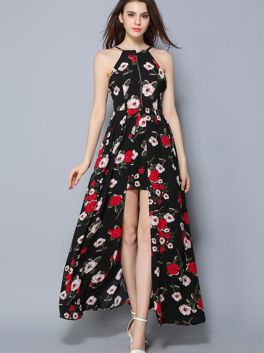 Halterneck Pleated Split-Front Floral Print Maxi Bohemian Dress