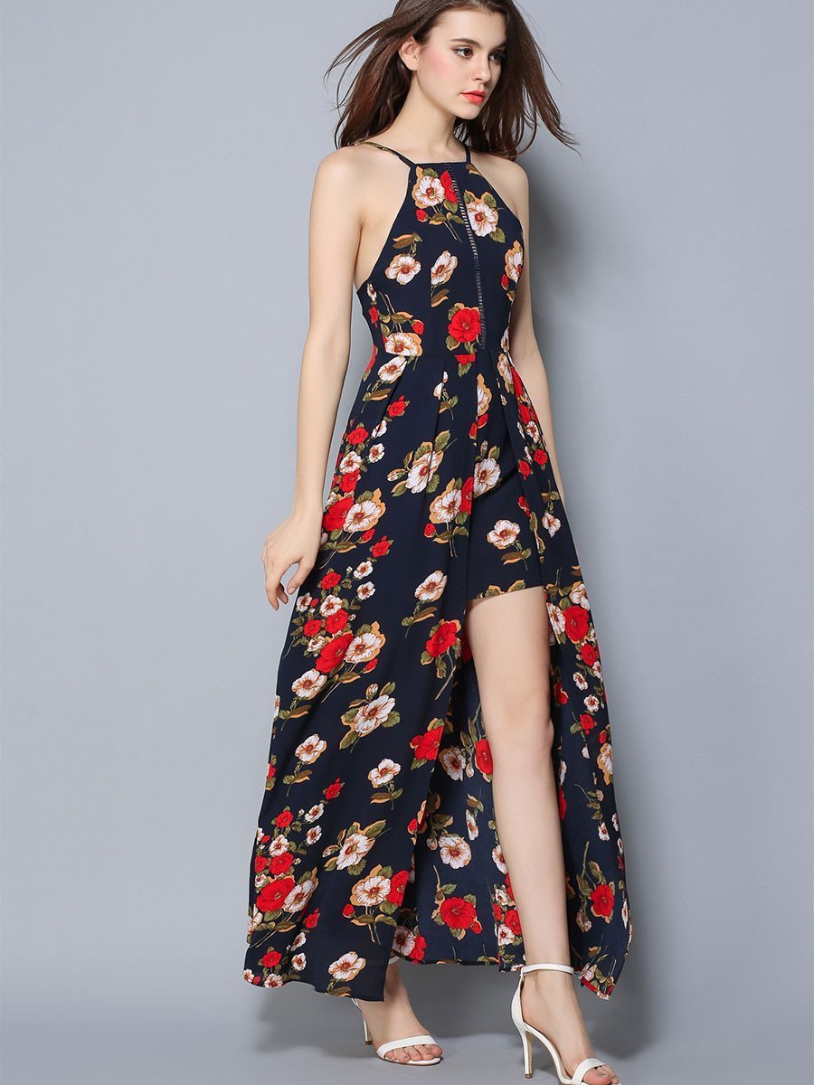 Halterneck Pleated Split-Front Floral Print Maxi Bohemian Dress