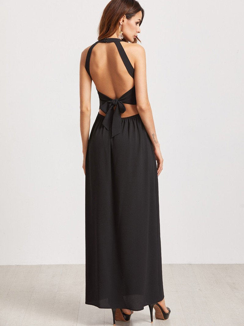 Halterneck Embroidered Split Front Maxi Dress