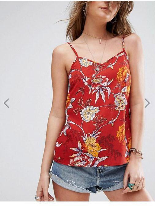 Spaghetti Neck Red Floral-Print Vest T-Shirt Tops