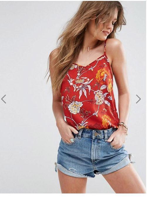 Spaghetti Neck Red Floral-Print Vest T-Shirt Tops