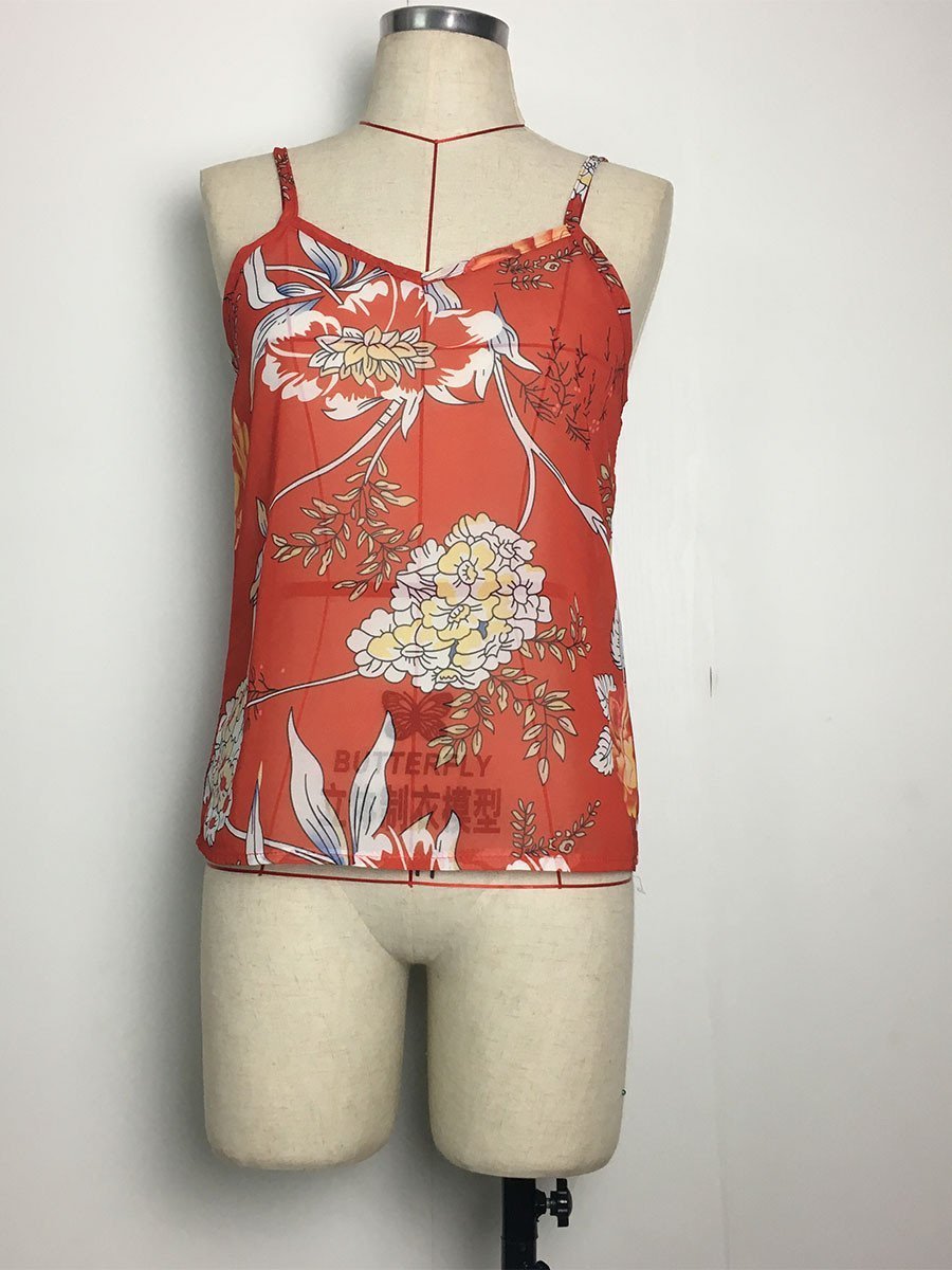 Spaghetti Neck Red Floral-Print Vest T-Shirt Tops