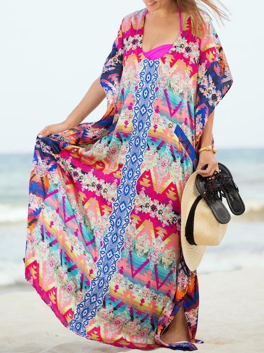 Loose Waist Bohemia Red and Blue Maxi Beach Dress