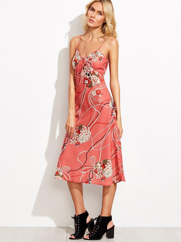 Elegant Spaghetti Neckline Floral Midi Dress