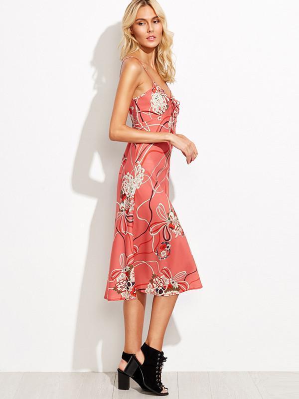 Elegant Spaghetti Neckline Floral Midi Dress