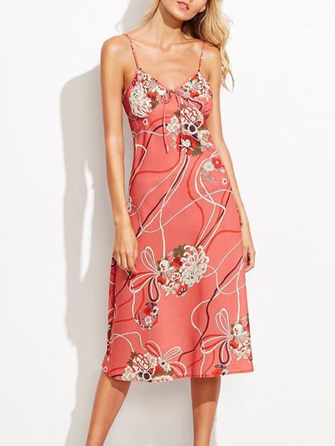 Elegant Spaghetti Neckline Floral Midi Dress