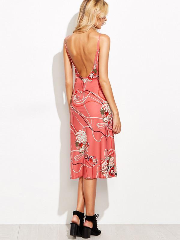 Elegant Spaghetti Neckline Floral Midi Dress