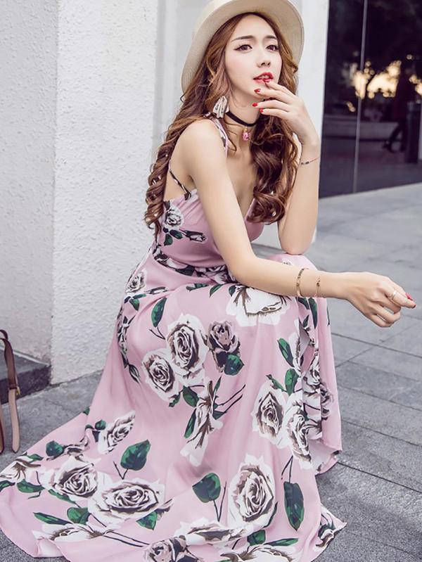 V-neckline Pink Floral Bohemia Maxi Beach Dress