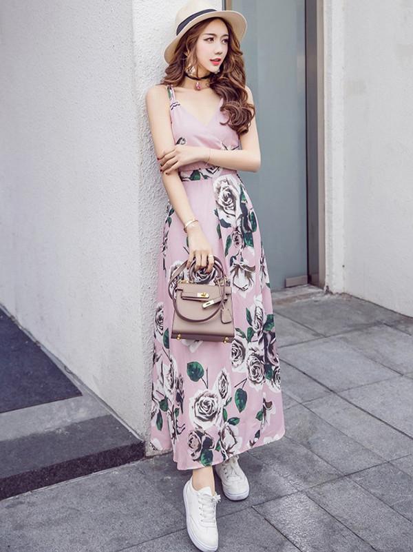 V-neckline Pink Floral Bohemia Maxi Beach Dress