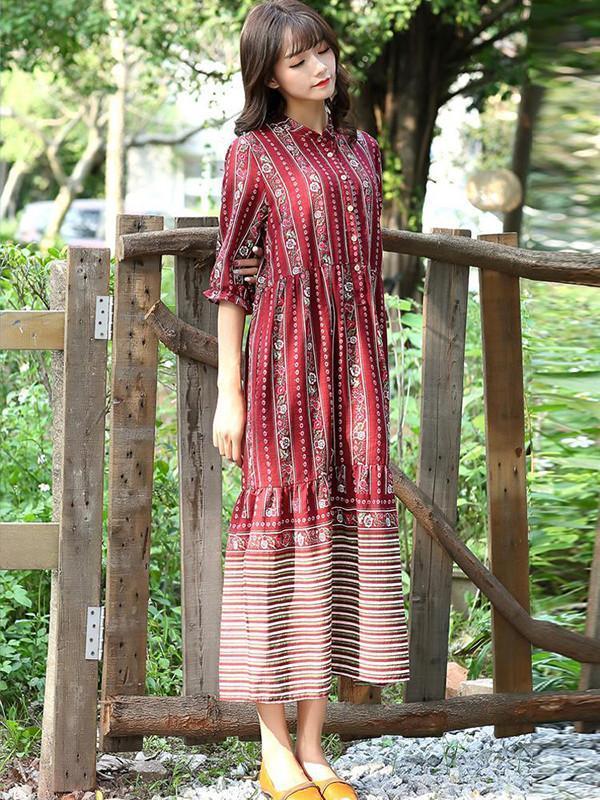 Red Half Sleeves Midi Beach Bohemia Dress