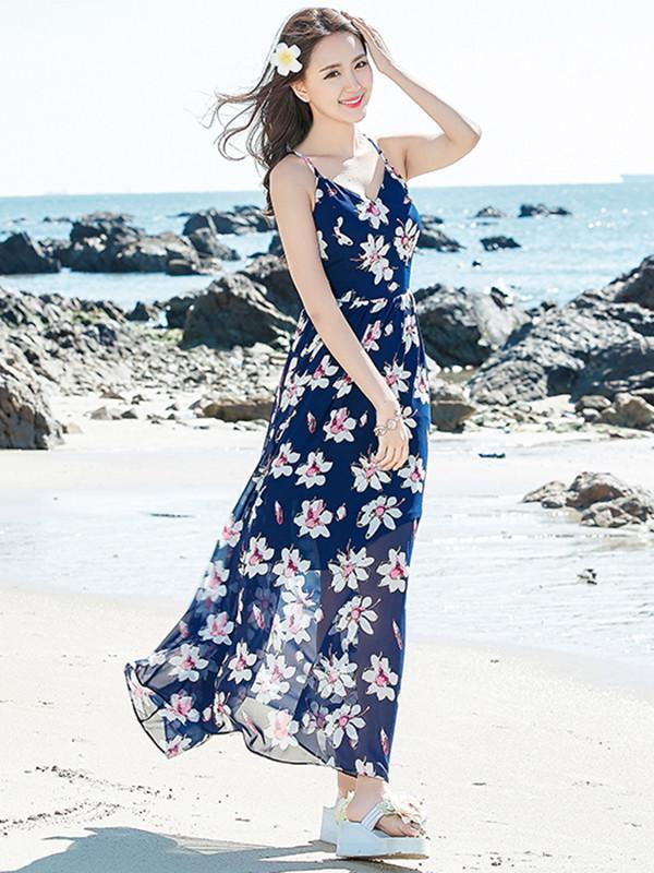 Spaghetti Neckline Floral Maxi Bohemia Dress