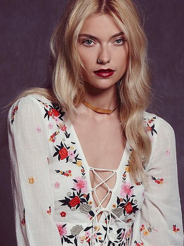 Bohemia Inwrought Floral-Print Long Sleeve Long Dress