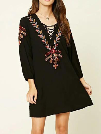 Fashion Inwrought Floral-Print Lace-up V Neck Bohemia Beach Dress